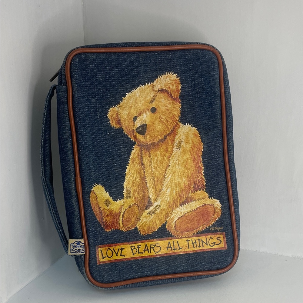 Teddy Bear Denim Bible Carrier- 'Love Bears All Things'